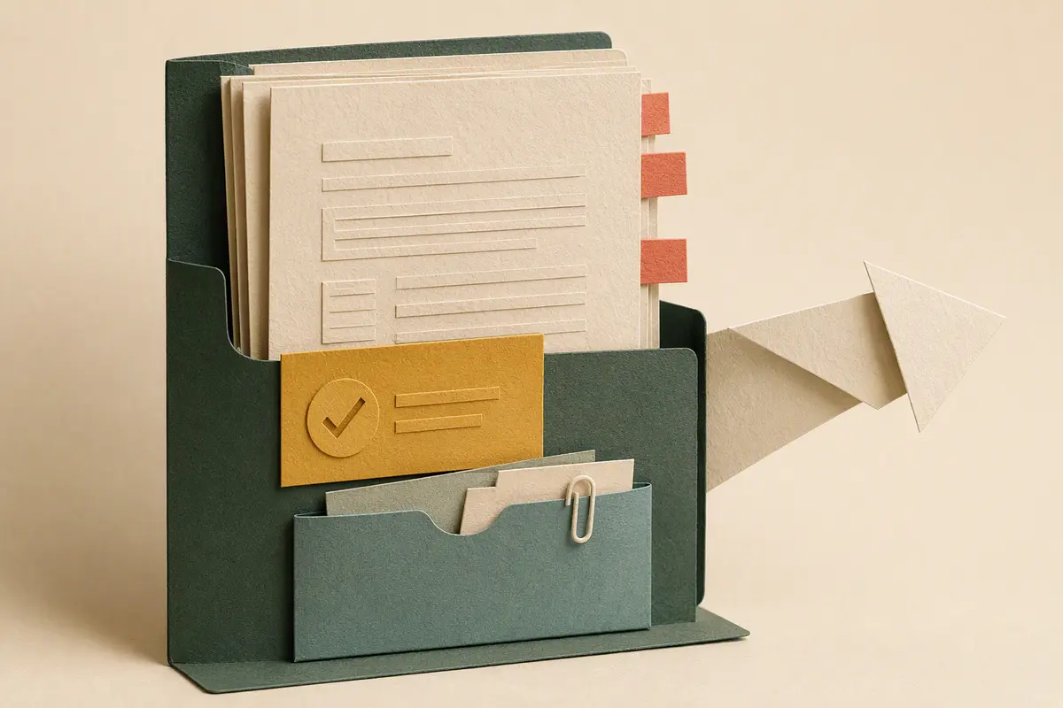 Layered paper folder holding a document, decision card and attachments, with a folded arrow carrying the packet outward